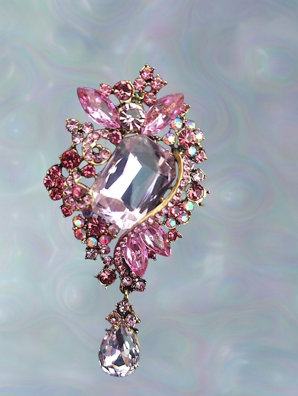 Pink Crystal Floral Drop Brooch